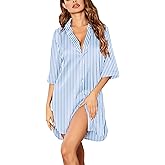 Ekouaer Women's Satin Nightshirt Button Down Sleepshirt Silk 3/4 Sleeve Nightgown Boyfriend Notch Collar Sleepwear S-3XL