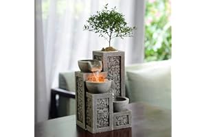 Kalona Indoor Tabletop Water Fountain – 3-Tier Resin Waterfall with LED Lights, Mini Bonsai Planter & Cascading Water Flow – Soothing Desk Fountain for Home, Office, Meditation Decor​(22024)