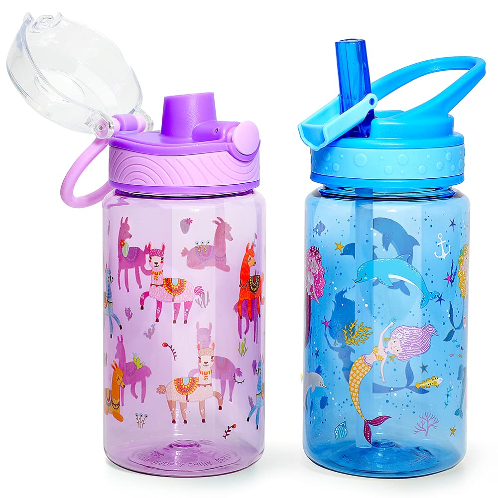 Home Tune Kids Water Drinking Bottle (470ml)- Tritan BPA Free, Auto Flip Chug Lid, Sip Straw Lid, Carry Loop, Lightweight, Leak-Proof, Cute Design For Girls & Boys - 2 Pack Mermaid & Llama — image 1