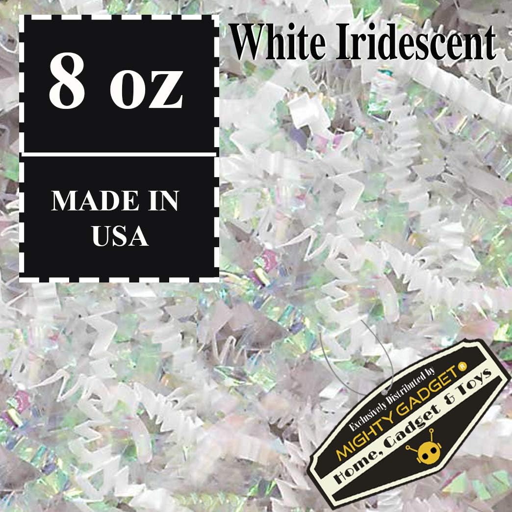 Mighty Gadget (R) 1/2 LB Premium Diamond White Iridescent Fancy Blended Crinkle Cut Paper Shred Filler for Gift Wrapping & Basket Filling