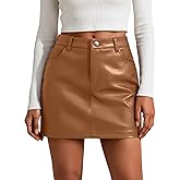 Oakgarden Women's Faux Leather Mini Skirt with Pockets, High Waisted Bodycon Stretch Zipper Button Fitted A-Line Party Skirt