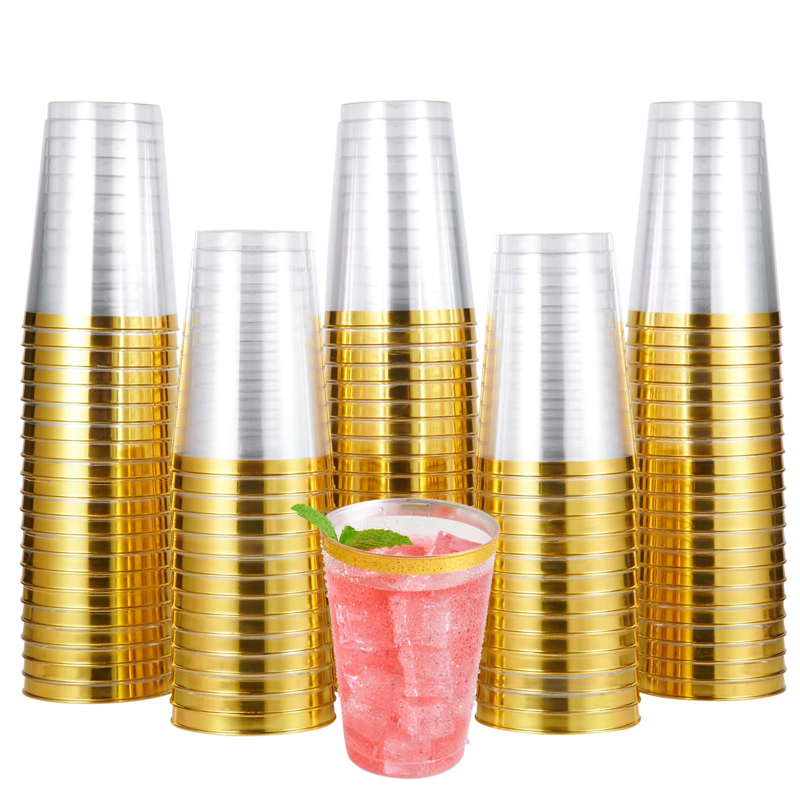 Photo 1 of JOLLY CHEF 100 Pack Gold Plastic Disposable Cups, 12 oz Clear Plastic Cups Tumblers, Elegant Gold Rimmed Disposable Glasses Perfect for Wedding, Thanksgiving Day, Christmas