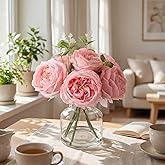 Norme Real Touch Peonies Artificial Flowers, 6 Pcs Faux Austin Rose in Glass Vase with Fake Water Look Real Moisturizing Petal for Valentines Wedding Dining Table Centerpiece Home Kitchen Decor