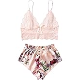 WDIRARA Women's 2 Piece Lingerie Floral Lace Cami Top with Satin Shorts Sleepwear Pajama Set