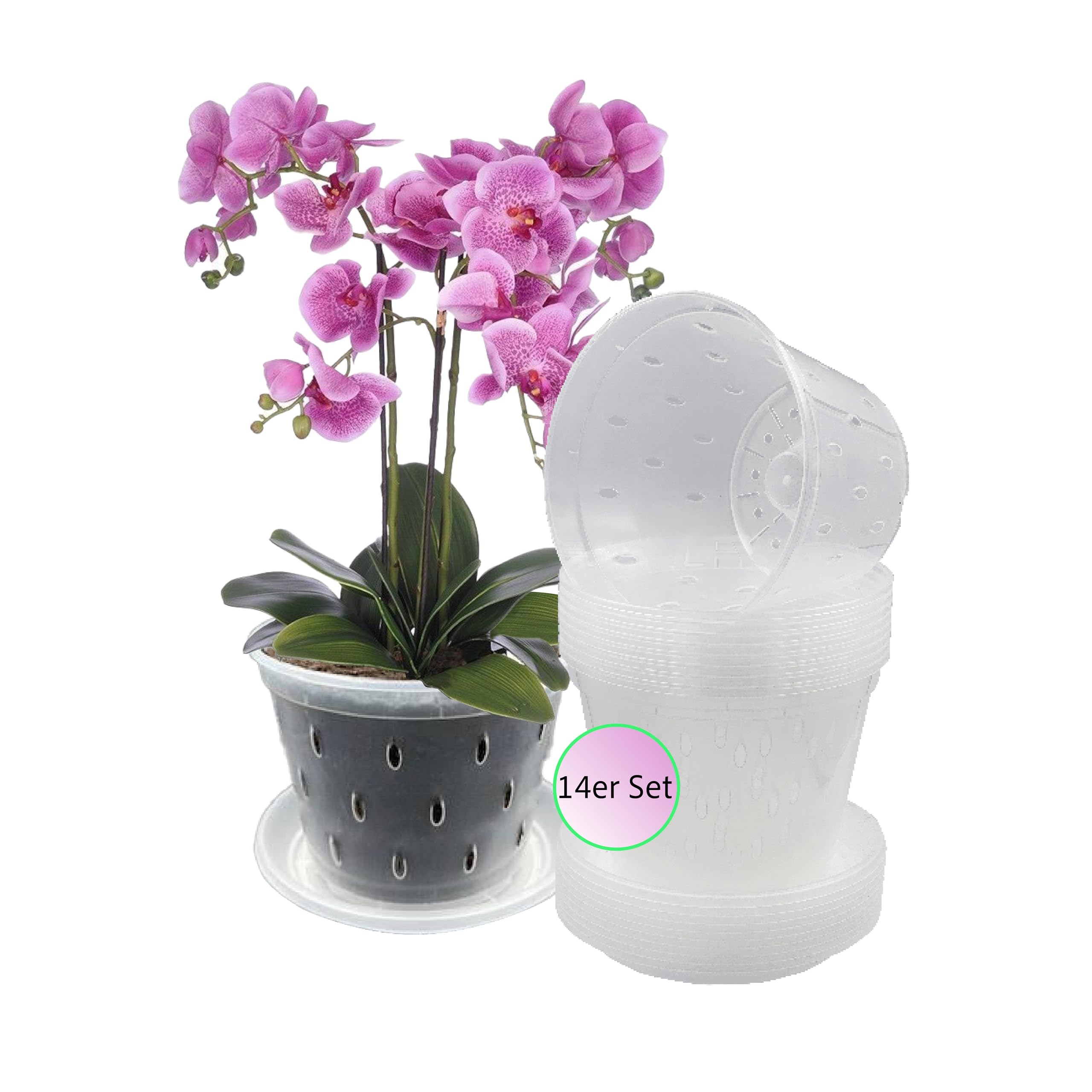 Garten lux Set of 14 Transparent Orchid Pots with Drainage Hole Diameter 14 cm 1 L and 14 Pieces Saucers Plastic Plant Pots Flower Pots for Orchids for Indoor Use