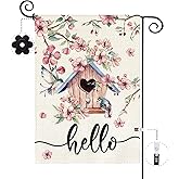 Baccessor Spring Garden Flag, Pink Floral Bird House Cherry Blossoms Small Yard Flag Double Sided Burlap Welcome Flag for Outside Outdoor Decor 12.5 x 18 Inch