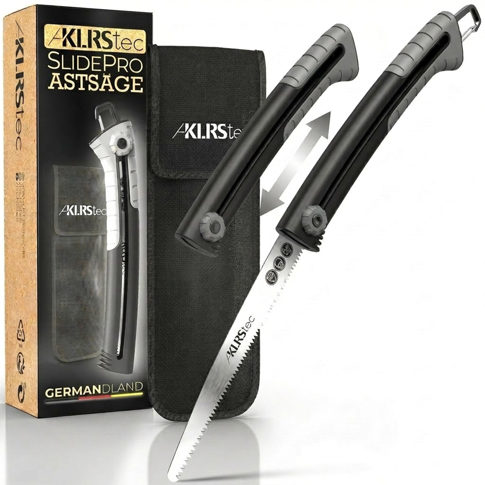 KLRStec SlidePro Pruning Saw – Folding Hand Saw with Safety-Slide Mechanism, SK5 Carbon Steel Blade | Garden Saw, Wood Cutting & Outdoor Camping Saw incl. Belt Pouch