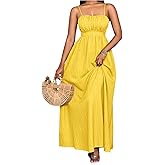 BEAUDRM Women's Boho Maxi Dress for Wedding Guest Flowy Milkmaid Dress Ruffle Ruched Sleeveless Summer Vacation Sundress