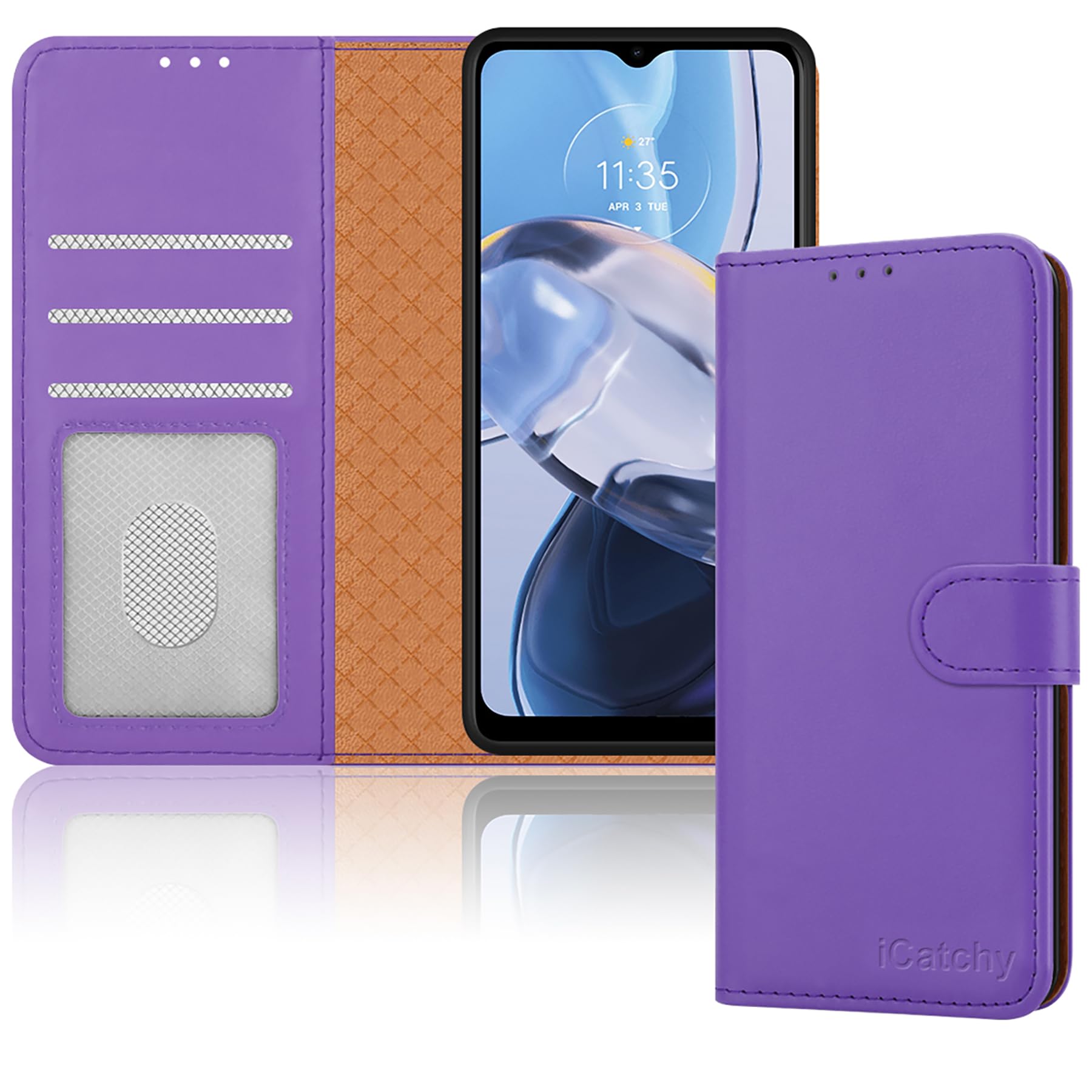 iCatchy for Motorola Moto E22 Case, Leather Wallet Book Flip Folio Stand View Magnetic Protect RFID Blocking Cover compatible with Motorola E22 Phone (Lilac)
