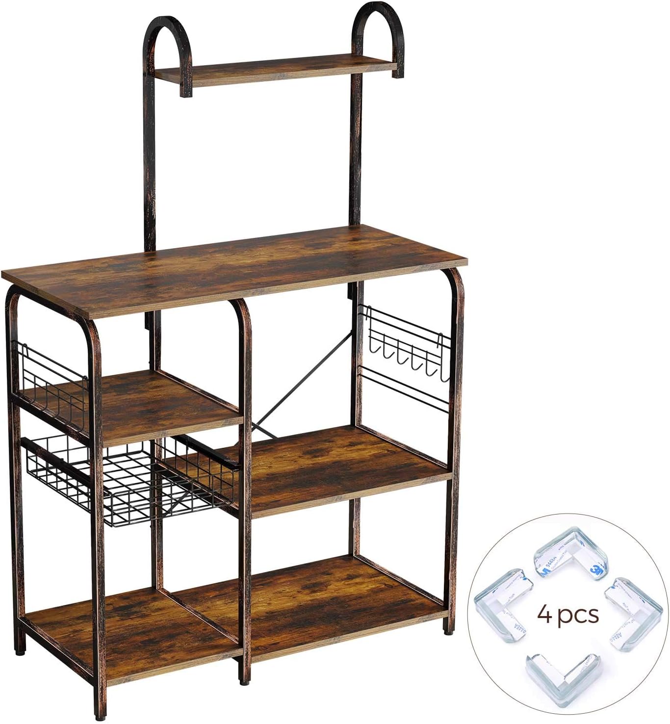 Rolanstar Kitchen Baker's Rack, Large Capacity Utility Storage Shelf, Microwave Stand with 7 Shelves and 12 Hooks, Foldable Pull Basket, Stable Retro Metal Frame - Standing Baker's Racks
