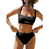 CUPSHE Women's Bikini Sets Two Piece Swimsuit Square Neck High Waisted Textured Cut Out Adjustable Straps
