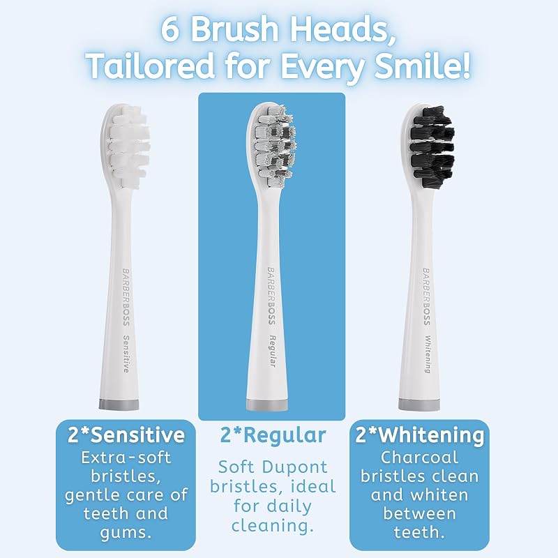 Brosse à dents sonique rechargeable pour adultes, 5 modes de nettoyage, brosse à dents électrique, capteur de pression, 6 têtes de brosse, batterie de 60 jours