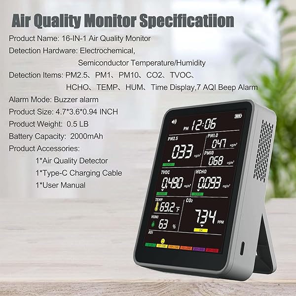 PROFESSIONAL INDOOR AIR QUALITY MONITOR WITH AQI ALARMS, PORTABLE REAL-TIME DETECTOR FOR HOME CARS PLANTS AND PETS