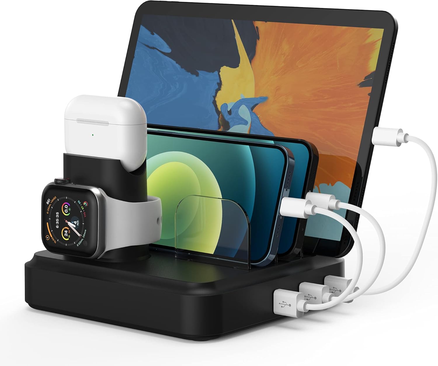 Charging Station for Multiple Devices, 5-Port Charger Organizer Dock with 4 Mixed Cables, USB Charging Station Compatible with iWatch, AirPods, Smart Phone(No Watch Charger): Electronics