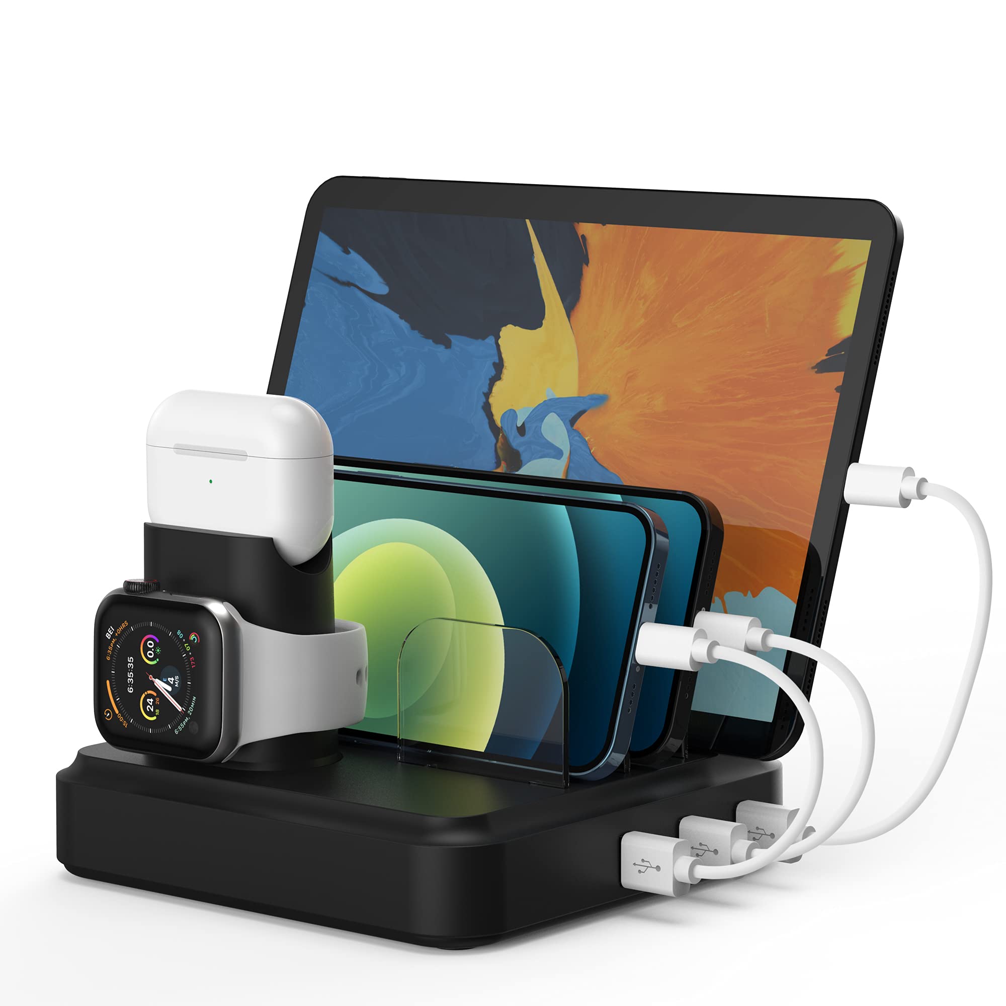 NEXGADGET Charging Station, 5-Port Charger Organizer Dock Station with 4 Mixed Cables, USB Charging Station Compatible with iWatch, AirPods, Smart Phones, Tablets, MP3/MP4 and More (Black)