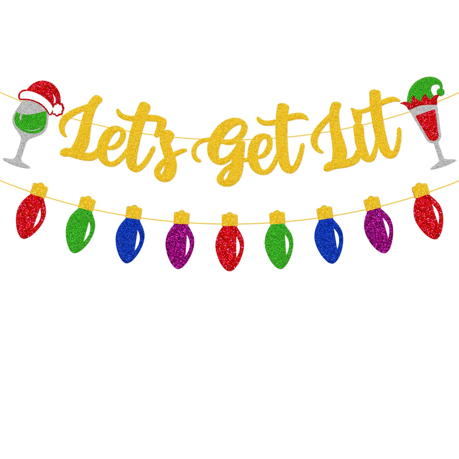 Photo 1 of Let's Get Lit Banner Christmas Lightbulb Party Decorations Xmas Festival Merry Friendsmas Winter Holiday Happy New Year Party Supplies (Gold)