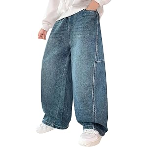 Boys Baggy Jeans Wide Leg Denim Cargo Pants with Pockets Oversized Husky Jeans Streetwear Youth Kids Preppy School Trousers