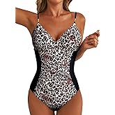 Aleumdr Women One Piece Swimsuit Tummy Control V Neck Ruched Bathing Suit Push Up Gold Metal Modest Slimming Swimwear