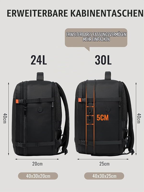 Handgepäck Rucksack 40x30x20, Erweiterbar 24-30L für Ryanair & Wizz