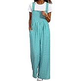 Happy Sailed Womens Plaid Overalls Casual Loose Sleeveless Adjustable Straps Wide Leg Pants Jumpsuit with Pockets