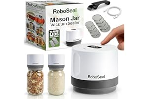 RoboSeal Rechargeable Mason Jar Vacuum Sealer for Mason Jars Wide and Regular, One Touch Vacuum Sealer for Jars, 10 Lids Incl