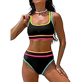 popvil Women's High Waisted Bikini Sets Neon Two Piece 2026 Swimsuit Sporty Adjustable Straps Bathing Suit