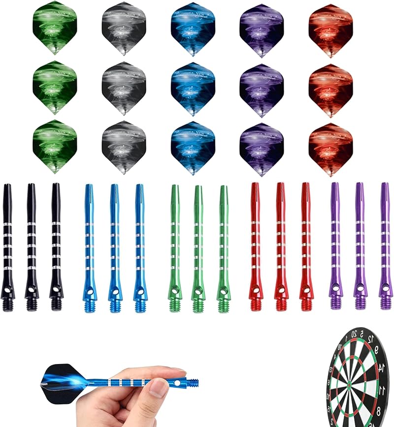 Bansusu 30Pcs Dart Flights and Stems Sets Durable Metal Dart Stems Pack