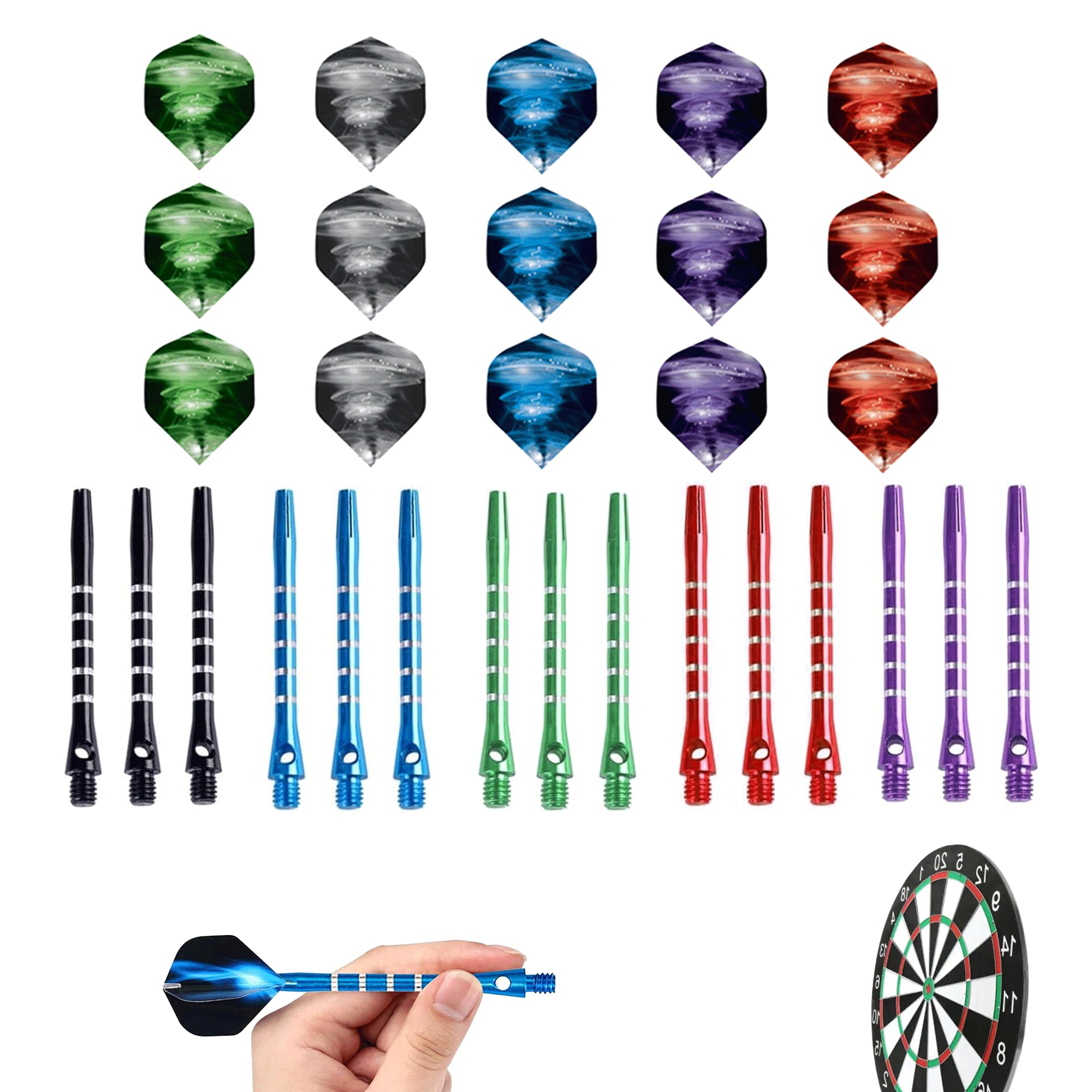 Bansusu 30Pcs Dart flights and Stems Sets Durable Metal Dart Stems Color Darts Flights and Stems Pack Increase Speed and Reduce Drag for Indoor Dart Games