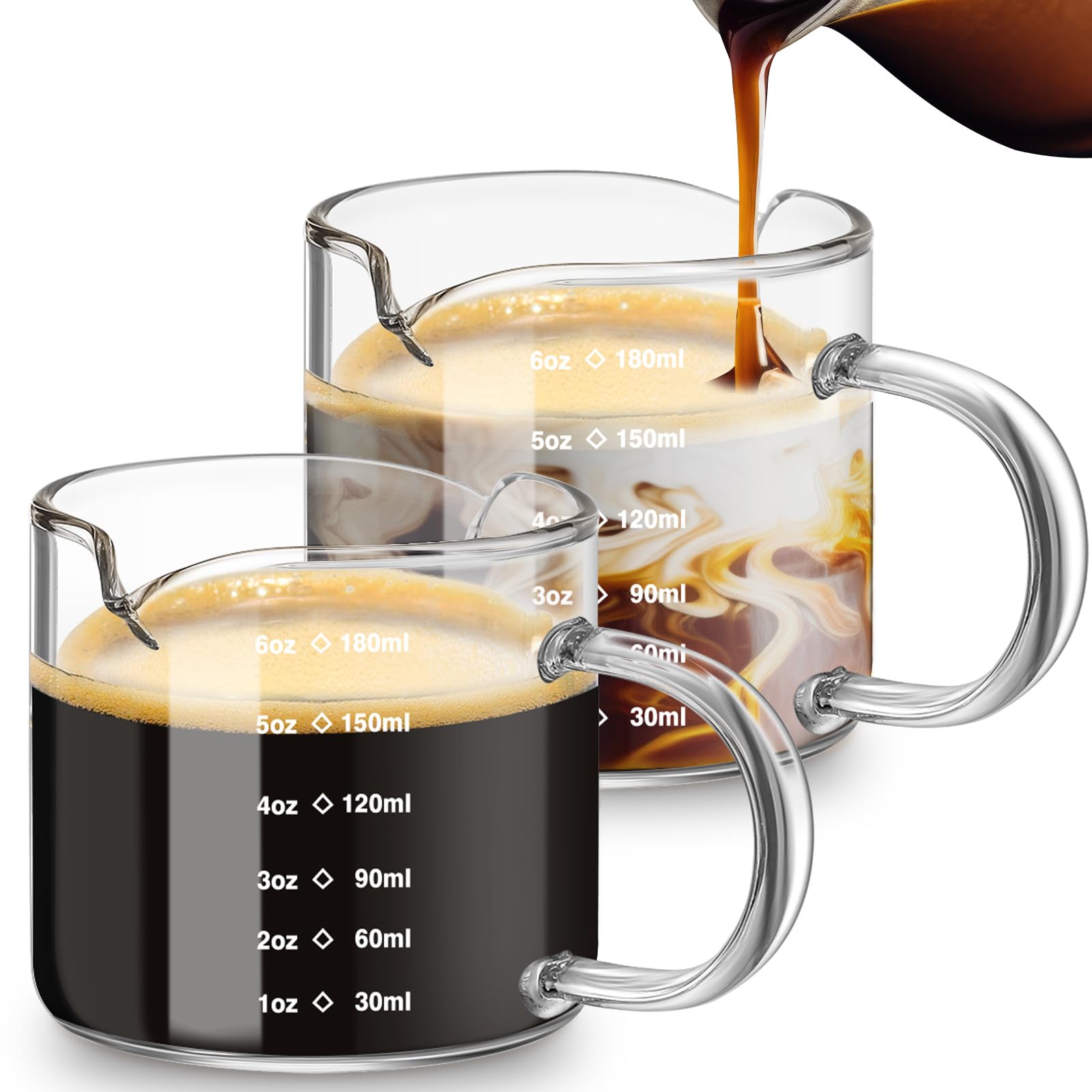 Photo 1 of Patelai Espresso Cups Set of 2, 180ml/6oz Coffee Cups with Double Spouts & Handle, Scales Espresso Shot Glass for Espresso Machines, Milk Frothing, and Coffee Bars Accessories