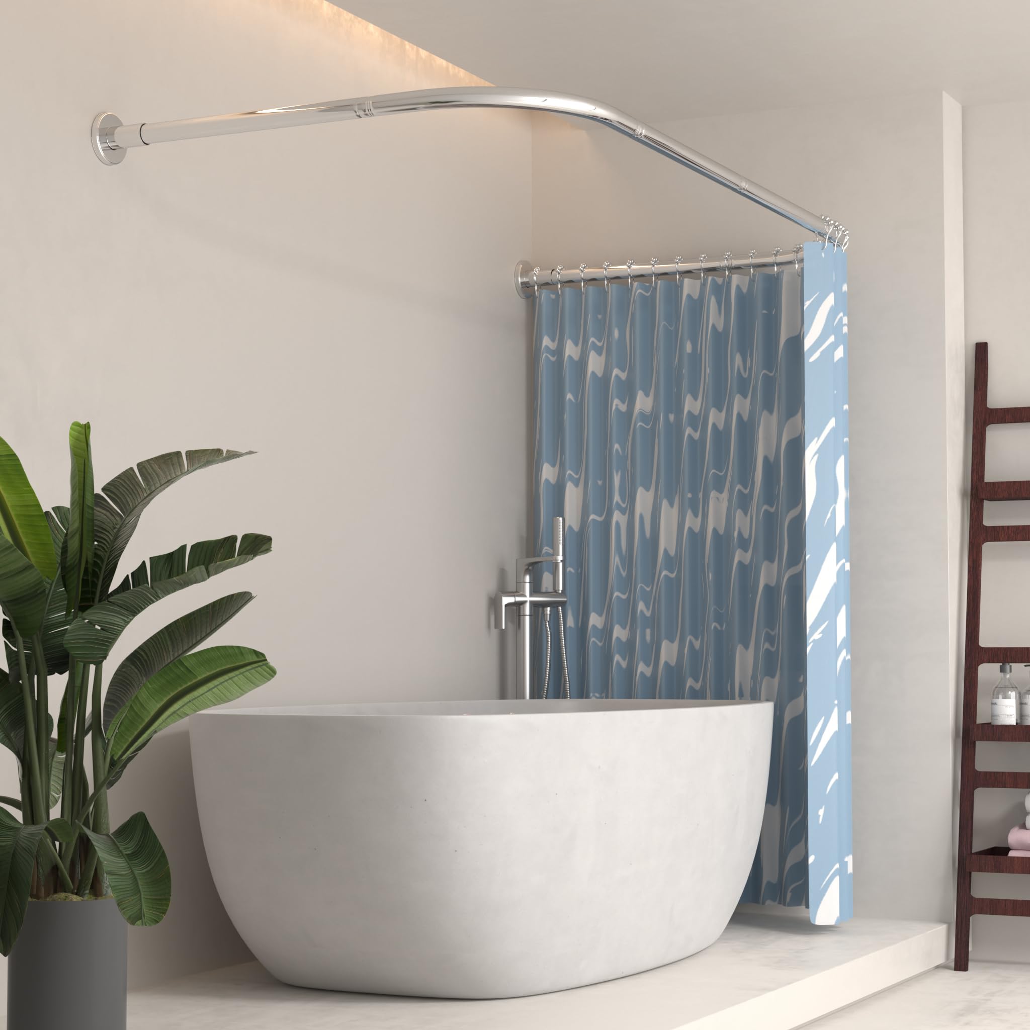 YOFOQ Shower Curtain Rail, U-Shaped, Adjustable Shower Curtain Rod 75x190x75 cm, Stainless Steel Extendable Shower Curtain Pole, for Bathroom Bathtub with 16 Rings, No Ceiling Support Required, Silver