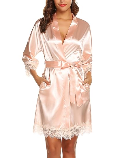 BESDEL Damen Bademantel Aus Satin-Seide Schräg mit V-Ausschnitt Kurze Kimono-Robe Brautjungfern-Robe