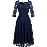 Dressystar Womens Long-Sleeve Wedding Guest Dress A-Line Lace Formal Party Cocktail Midi Dress Prom Gown