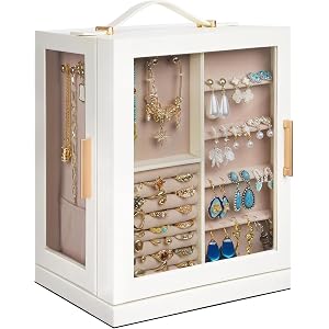 DUMIROICS Jewelry Box Organizer with Handle, Rotating, 5 Drawers, Large | Top handle,5 drawers with glass window, ,White, Ver