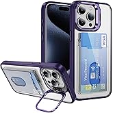 Sesty Wallet Clear Case for iPhone 15 Pro Max 6.7 inch with Card Holder Built-in Camera Ring Stand Military-Grade Protection Kickstand Cover Purple
