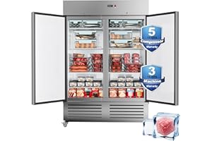 FREEZLABS Commercial Freezer 2 Door Upright Freezer with 8 Adjustable Shelves, 54"W Stainless Steel Reach-in,Temp Control -8℉ to1℉, 49 Cu.ft for Restaurant Kitchen Bar Garage, ETL and DOE Approved