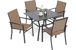 Nixtopia 5 Piece Patio Dining Set with Outdoor Mixture Brown Sling Armrest Chairs and 35" Square Table Set for 4 Person Lawn Backyard and Deck