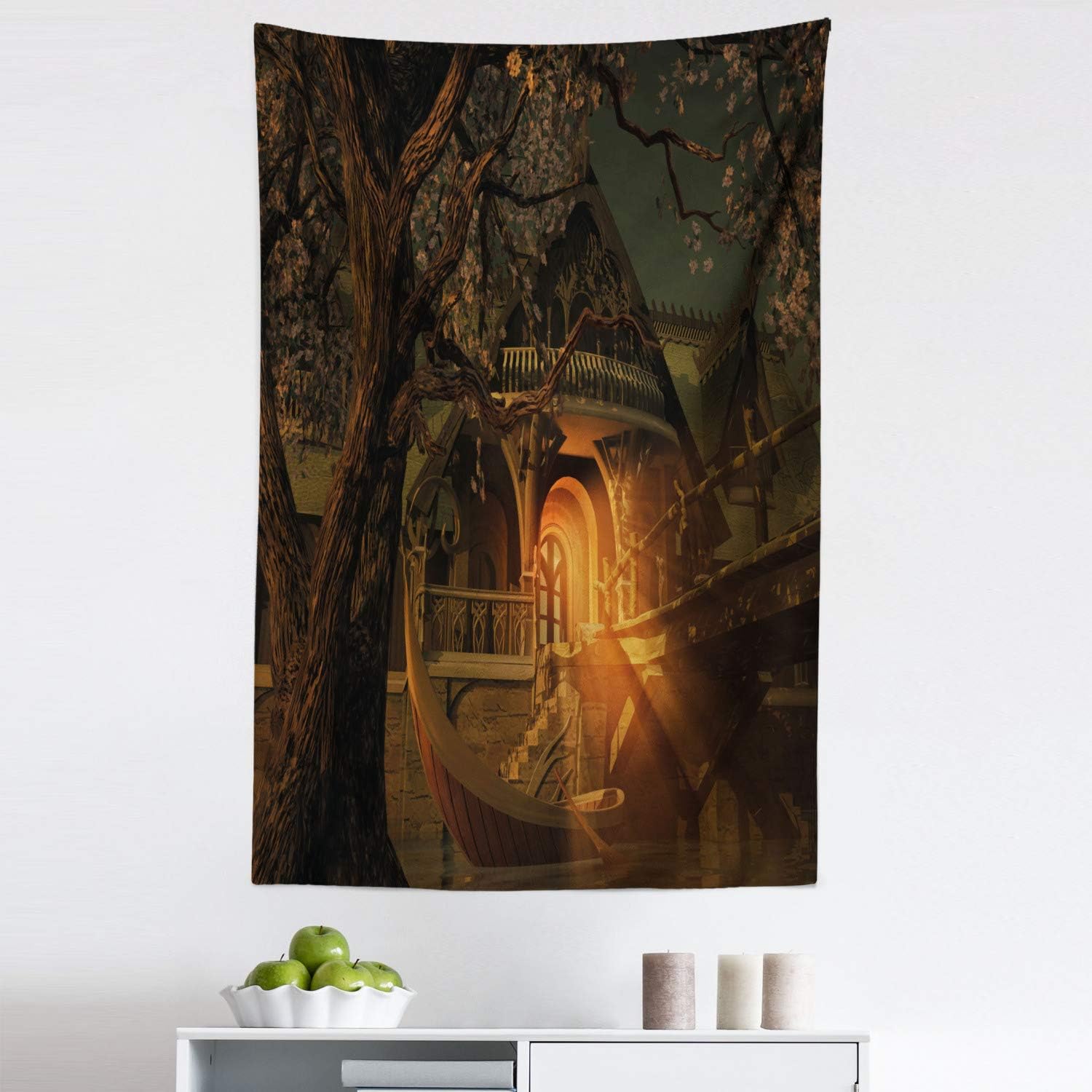 Amazon Com Lunarable Fantasy Tapestry Enchanted View With Elven Boat Floral Tree Fairytale Night Design Fabric Wall Hanging Decor For Bedroom Living Room Dorm 30 X 45 Green Cinnamon Home Kitchen