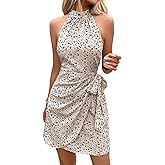 LIGHT DOT Women's Summer Dress Dot Print Halter Neck Tie Waist Casual Zipper Back Sundress Vacation Beach