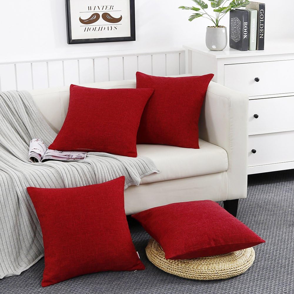 FANCY QUEEN Throw Pillow Covers Cotton Linen Soft Pillowcase Couch Cover Square Decor Toss Cushion Covers Solid for Home Sofa Bedding Wine Red 18"X18" 45cmX45cm Set of 4