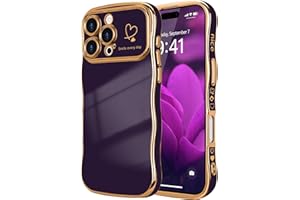 LCHULLE for iPhone 16 Pro Max Case for Women Girls, Cute Wave Frame Curly Shape with Love Heart Raised Camera Protection Cover Luxury Plating Shockproof Phone Case for iPhone 16 Pro Max, Dark Purple