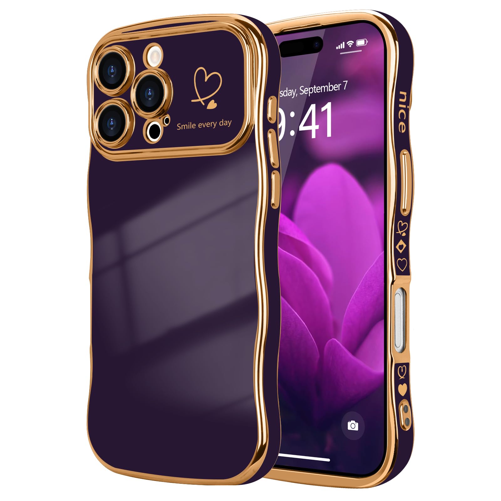 LCHULLE for iPhone 16 Pro Case for Women Girls,Cute Curly Wave Frame Shape Love Heart Pattern Phone Case,Raised Camera Protection Plating Shockproof Cover for iPhone 16 Pro 6.3",Dark Purple