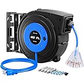 DEWENWILS Heavy Duty Cord Reel, 40FT Retractable Extension Power Cord, 12AWG/3C SJTOW, 3-Lighted Triple Outlets, 15A Circuit Breaker, Wall/Ceiling Mounted, Adjustable Stopper UL Listed, Blue