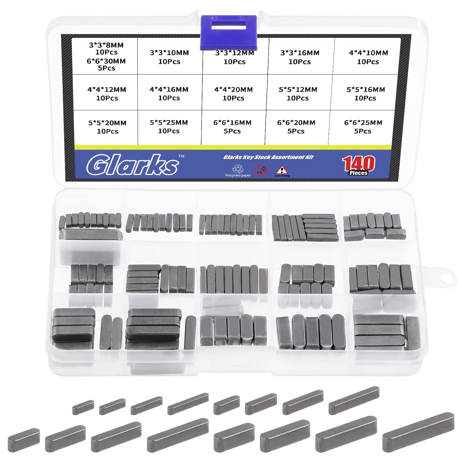 Glarks 140Pcs 16 Sizes Key Stock Assortment Kit, 8mm-30mm Smooth Round Ended Feather Key Set