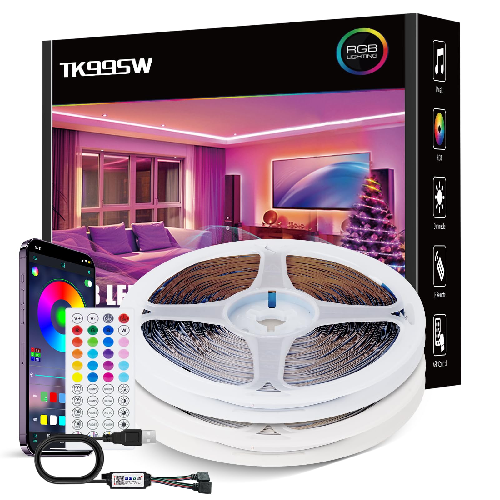 TK99SW LED Strip Lights 20m, Smart APP Control Remote Colour Changing Music Sync Built-in Mic Flexible RGB Led Strip Lights for Bedroom Kitchen Party Home Decoration