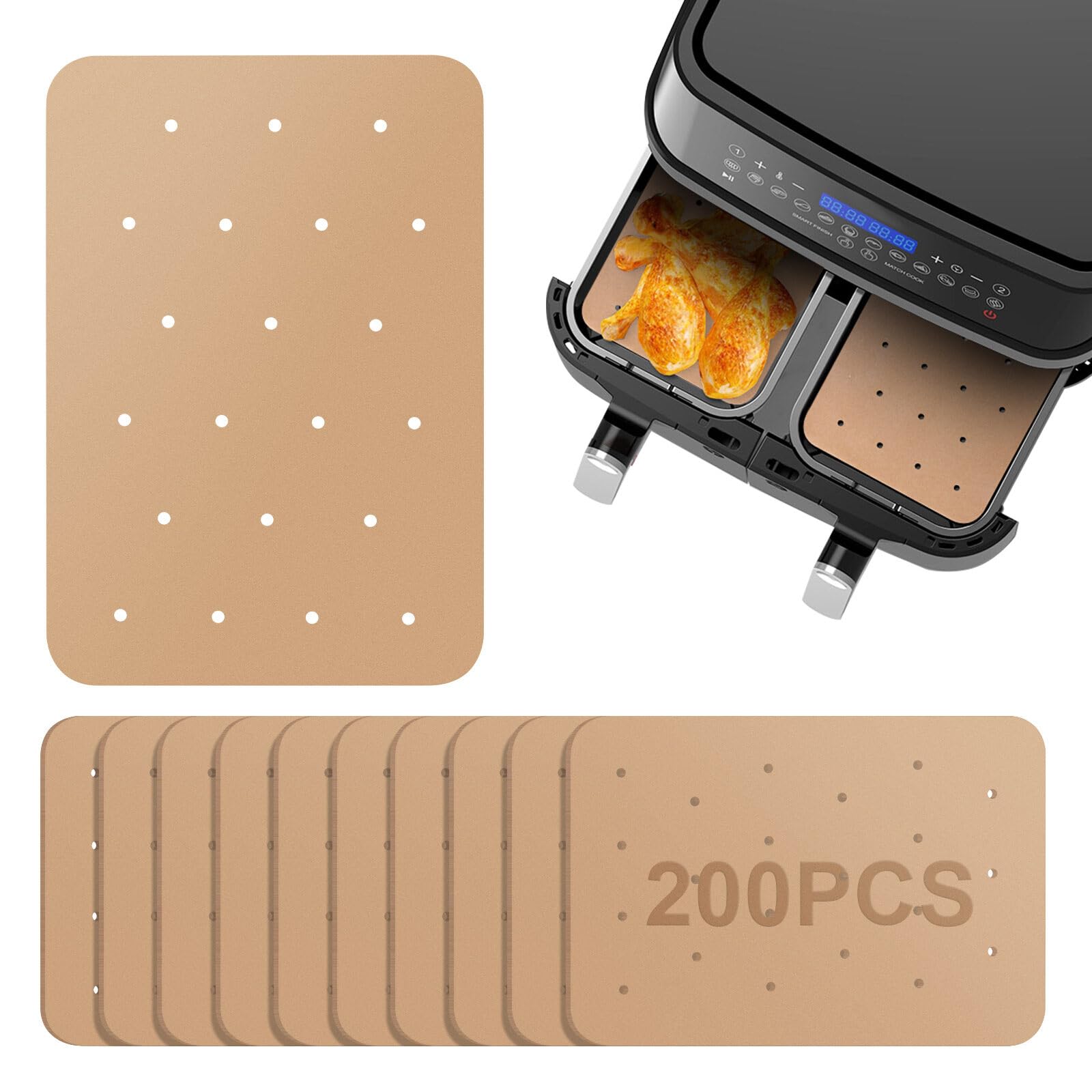 200 Pcs Air Fryer Paper Liners, Air Fryer Parchment Paper Liners for Ninja Foodi Dual Air Fryer, Nonstick Perforated Parchment Paper for Ninja DZ201 DZ401 for Air Fryer and Bamboo Steaming Basket
