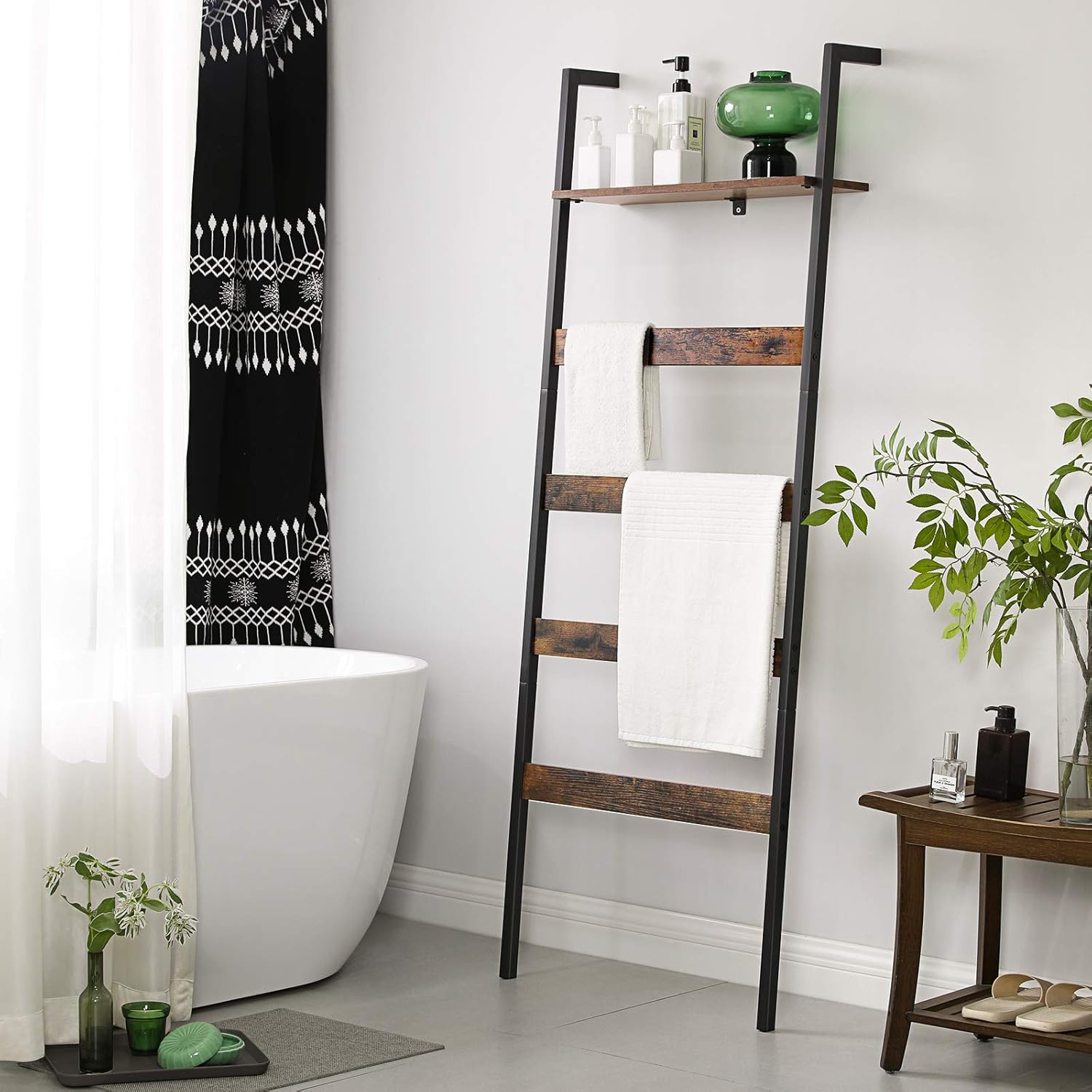 VASAGLE ALINRU Blanket Ladder Shelf, Wall-Leaning Rack with Storage Shelf, Steel Frame, for Blankets, Scarves, Industrial Style, Rustic Brown and Black ULLS012B01: Furniture & Decor