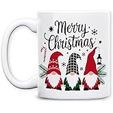 Merry Christmas Mug 11oz Ceramic Holiday Coffee Cup, Festive Santa Gnome Design for Gnome Lovers White