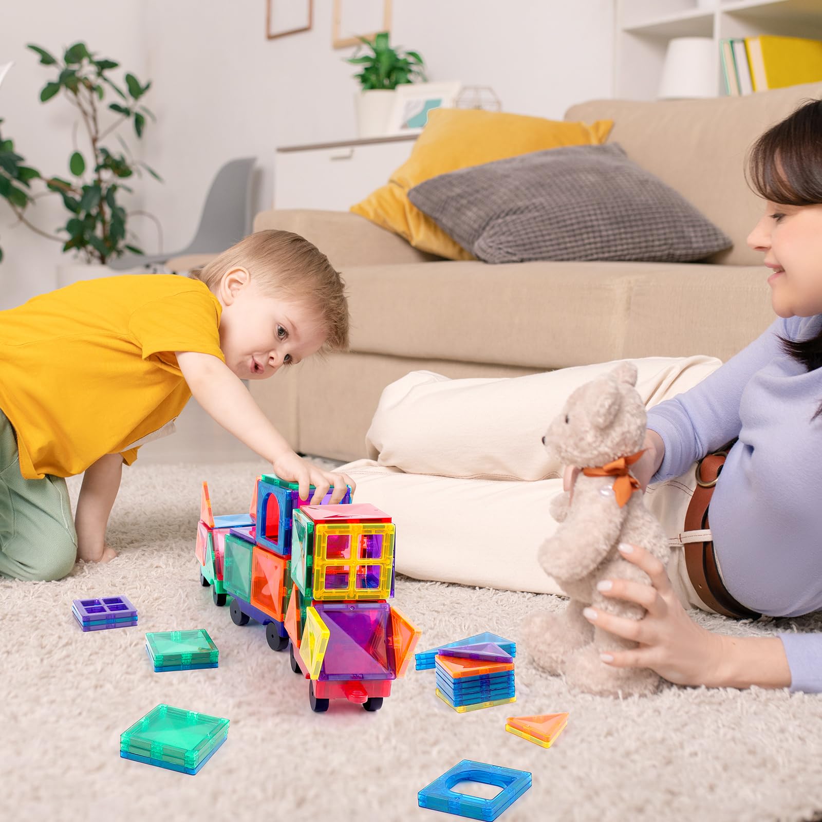 Magnetic Tiles Cars Construction Set - 2 PCS Red & Blue Magnetic Tiles Magnet Bricks Truck Sensory Toys, Educational Magnet Cars Set Building Blocks Toddler Toys for 3 4 5 6+ Year Old