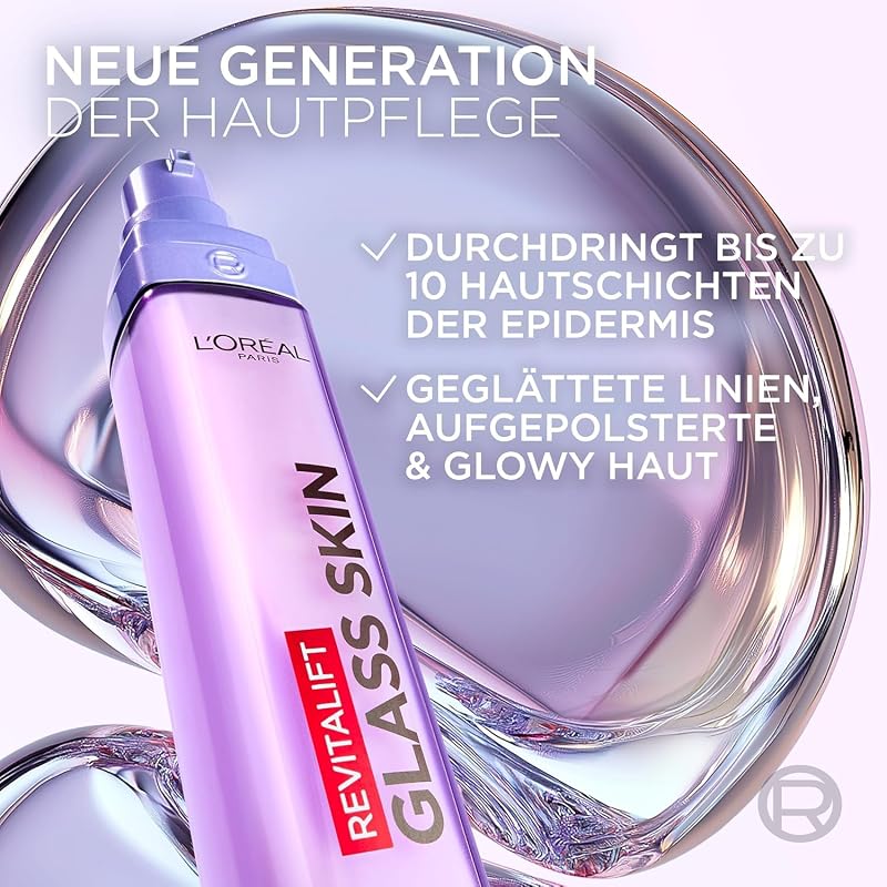 L'Oréal Paris Glass Skin Feuchtigkeits-Fluid, für aufgepolsterte & glowy Haut, mit Hyaluronsäure + 5% [Vitamin B3 + Pro B5 + C], Anti-Aging Gesichtsfluid, [Amazon Exclusive] Revitalift Filler, 70ml