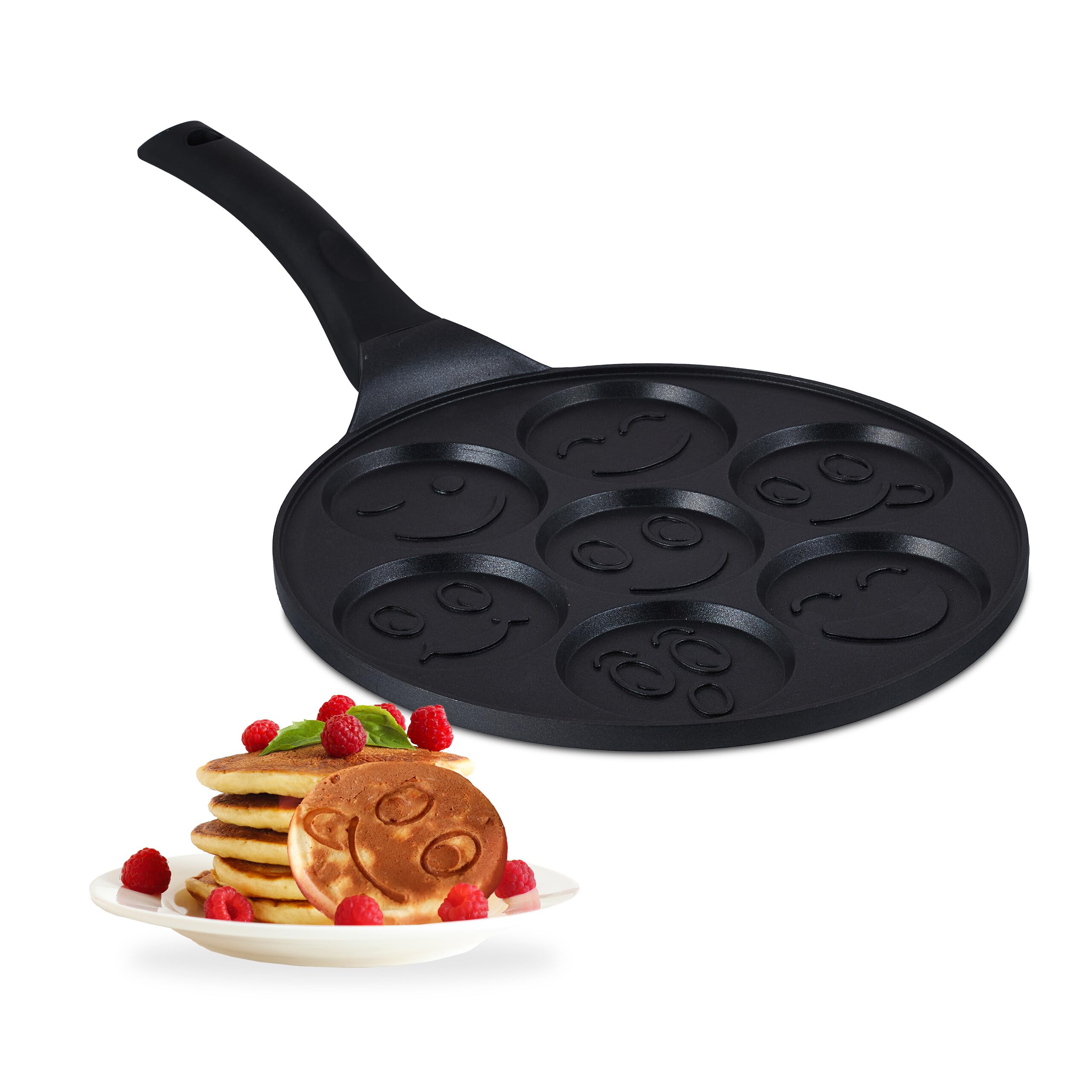 Relaxdays Pancake Pan with Funny Faces, 7 Wells, Ø 8 cm Each, Induction-Suitable, Aluminium, Breakfast Station, Black, Steel, 25 x 17 x 22 cm